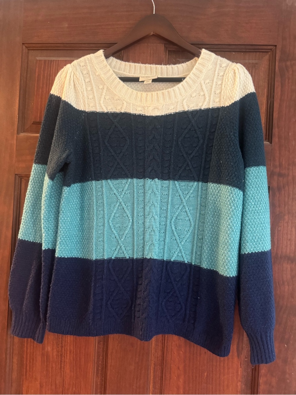 St. John’s bay size L Striped Knit Crewneck Sweater in Cream, Navy & Teal NWOT